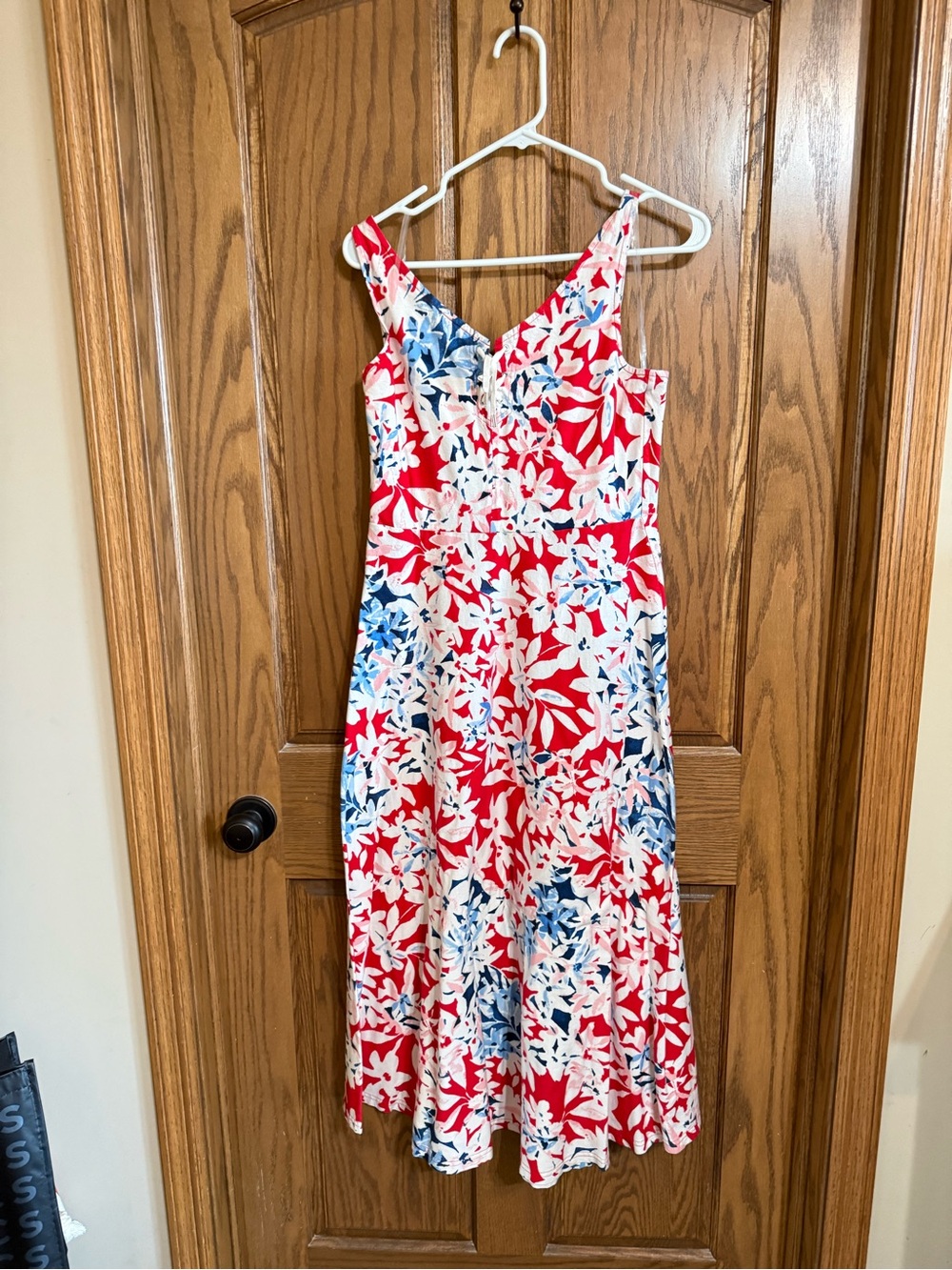 Chaps Red, White & Blue Floral Sleeveless Midi Dress